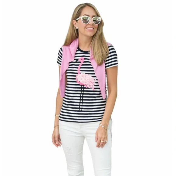 J. Crew Collector Tees navy and white stripe t-shirt pink flamingo, Large - Picture 3 of 9